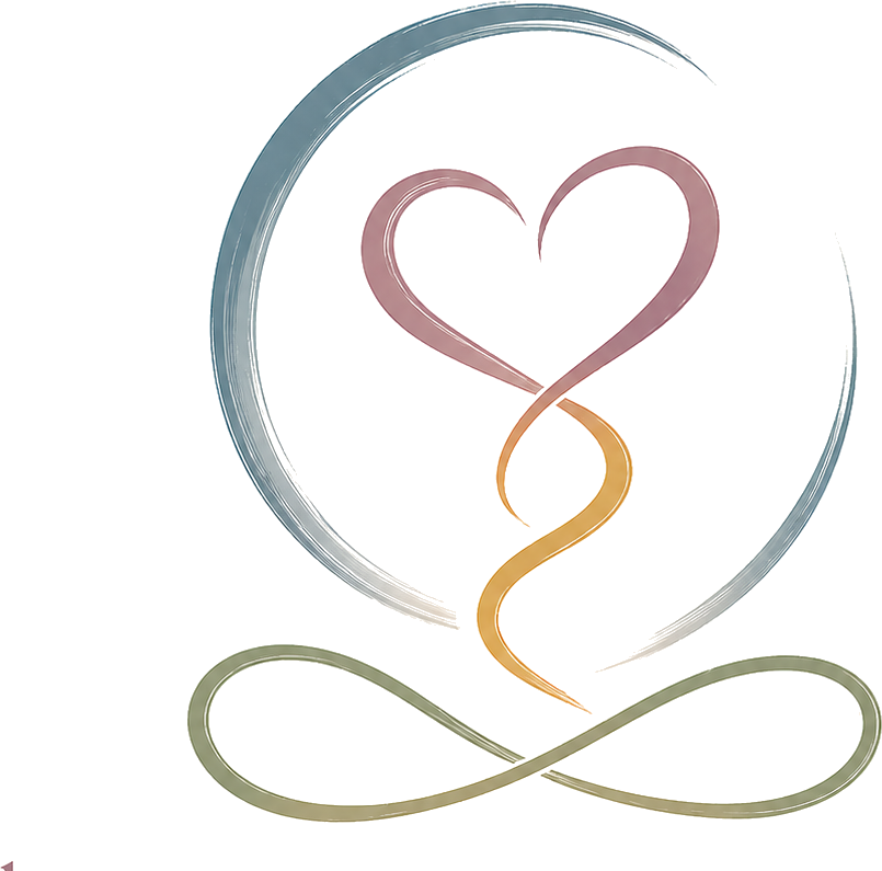 The Love · Power · Serenity brush mark — a slate-blue enso circle around a rose heart, ochre spiral and sage infinity loop